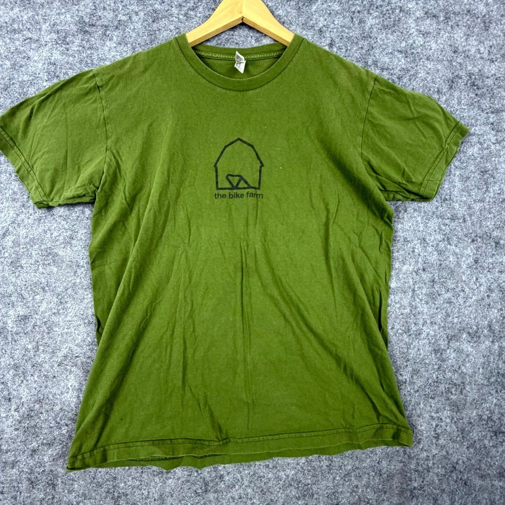 American Apparel T-Shirt Mens Large Green The Bike Farm Graphic Print Crew‎ Neck
